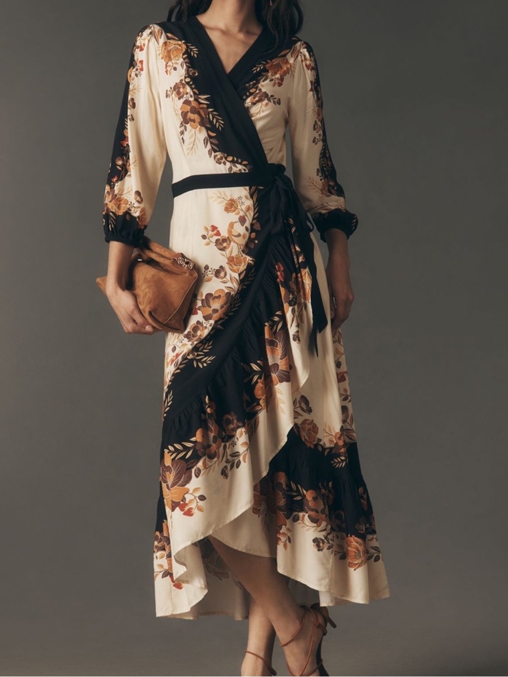 FARM Rio Long Sleeve Wrap Midi Dress New Black Floral XS Anthropologie